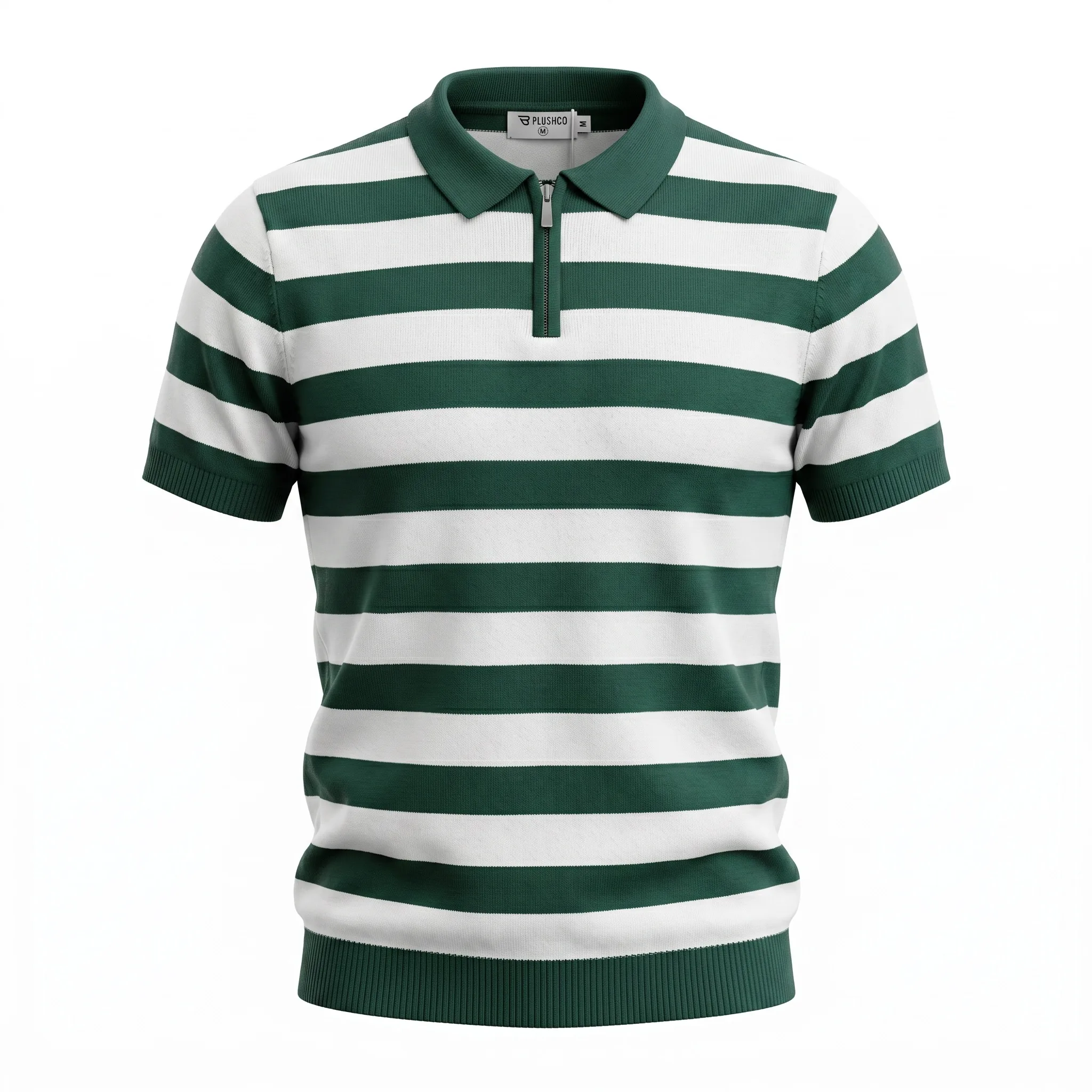 Marseillaise Striped Knit Zip Polo Green and White