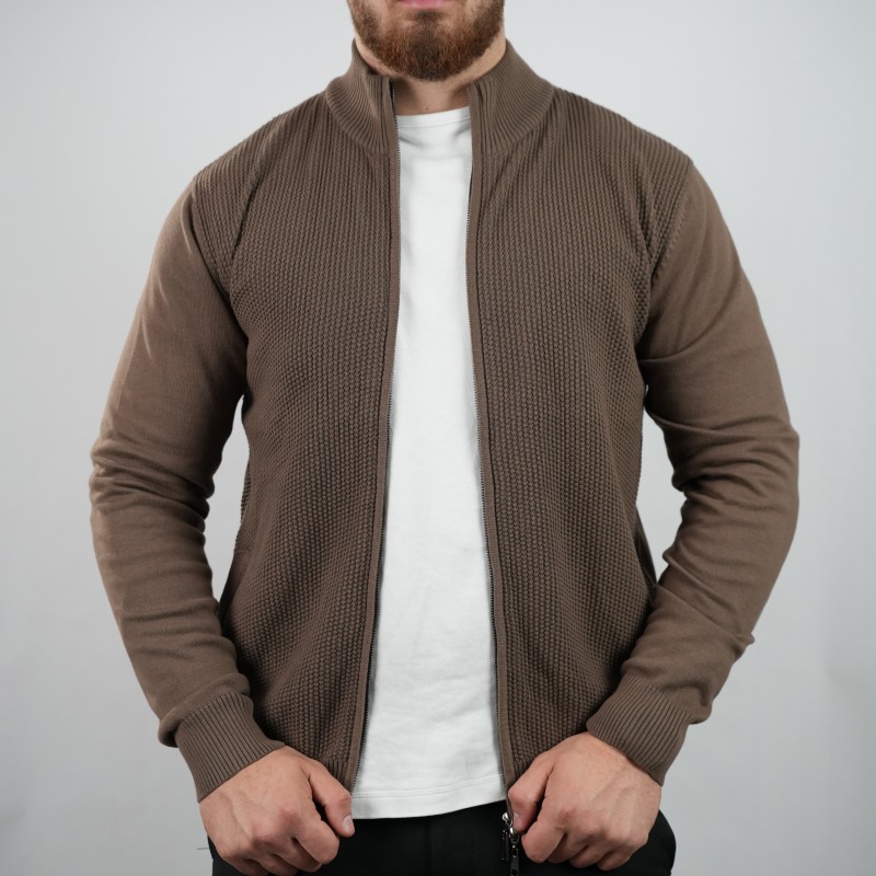 zip sweater brown. di rossi cotton